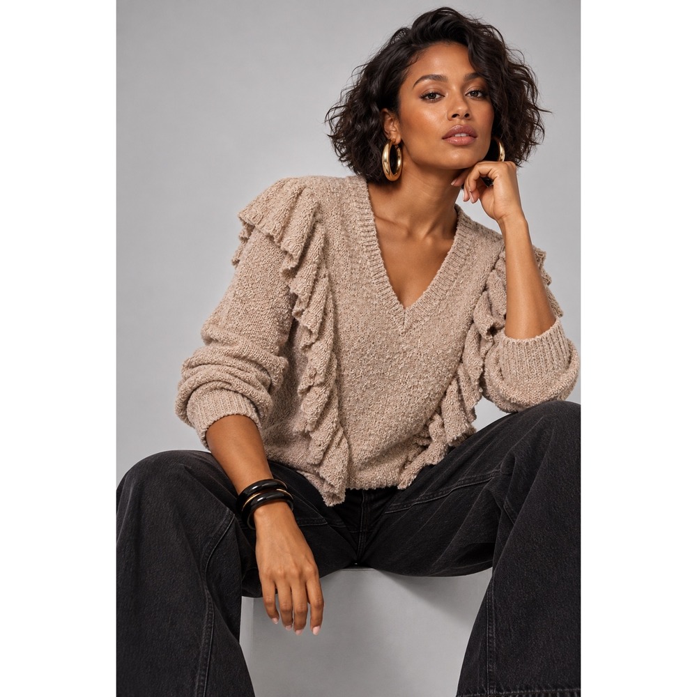 Coverstitched Tan Ruffle Textured Knit V-Neck Boucle Sweater Boho Small NEW